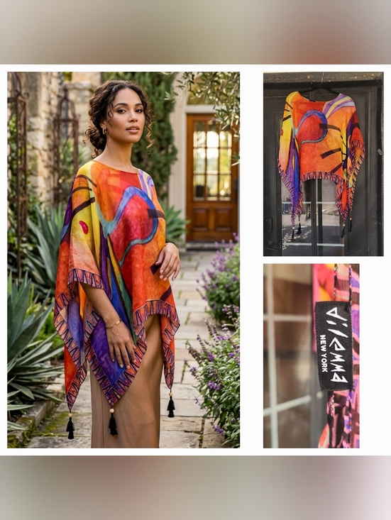 Tops - Vibrant Abstract Tassel Poncho - Multi Orange & Purple